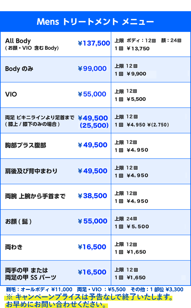 トリートメントメニュー